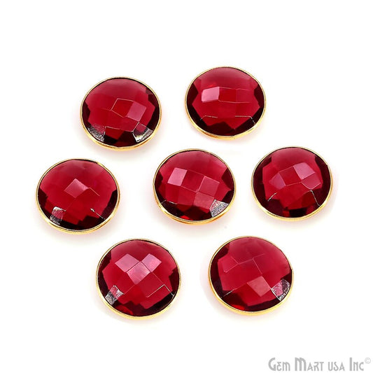 Pink Tourmaline Round Faceted Stones Gold Rim, Red Glass Cabochons Bezel Connector