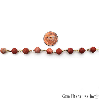 Red Jasper Frosted Gold Plated Wire Wrap Round Bead Jewelry Making Rosary Chain