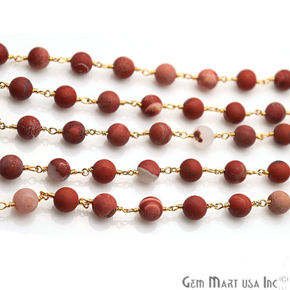 Red Jasper Frosted Gold Plated Wire Wrap Round Bead Jewelry Making Rosary Chain