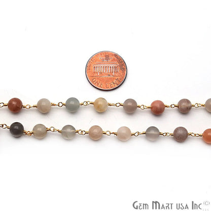 Moonstone Smooth Beads Gold Plated Wire Wrapped Rosary Chain