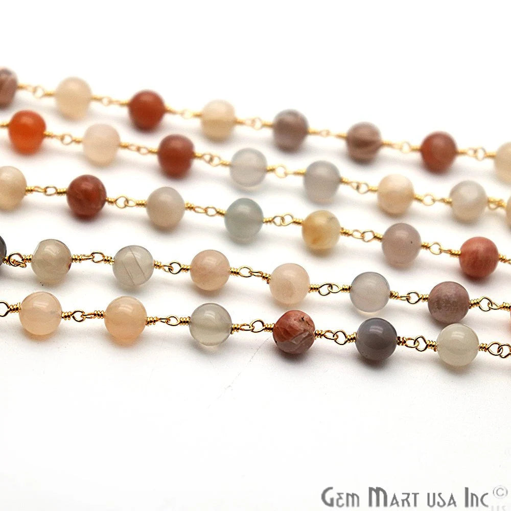 Moonstone Smooth Beads Gold Plated Wire Wrapped Rosary Chain