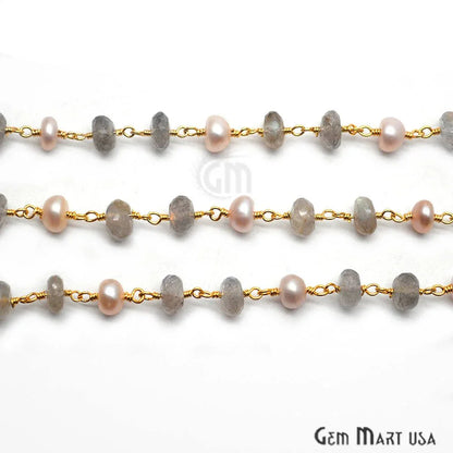 Labradorite & Pink Pearl Gold Plated Wire Wrapped Beads Rosary Chain