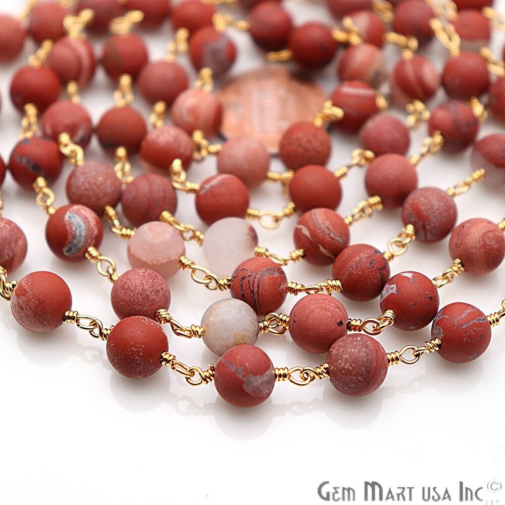 Red Jasper Frosted Gold Plated Wire Wrap Round Bead Jewelry Making Rosary Chain