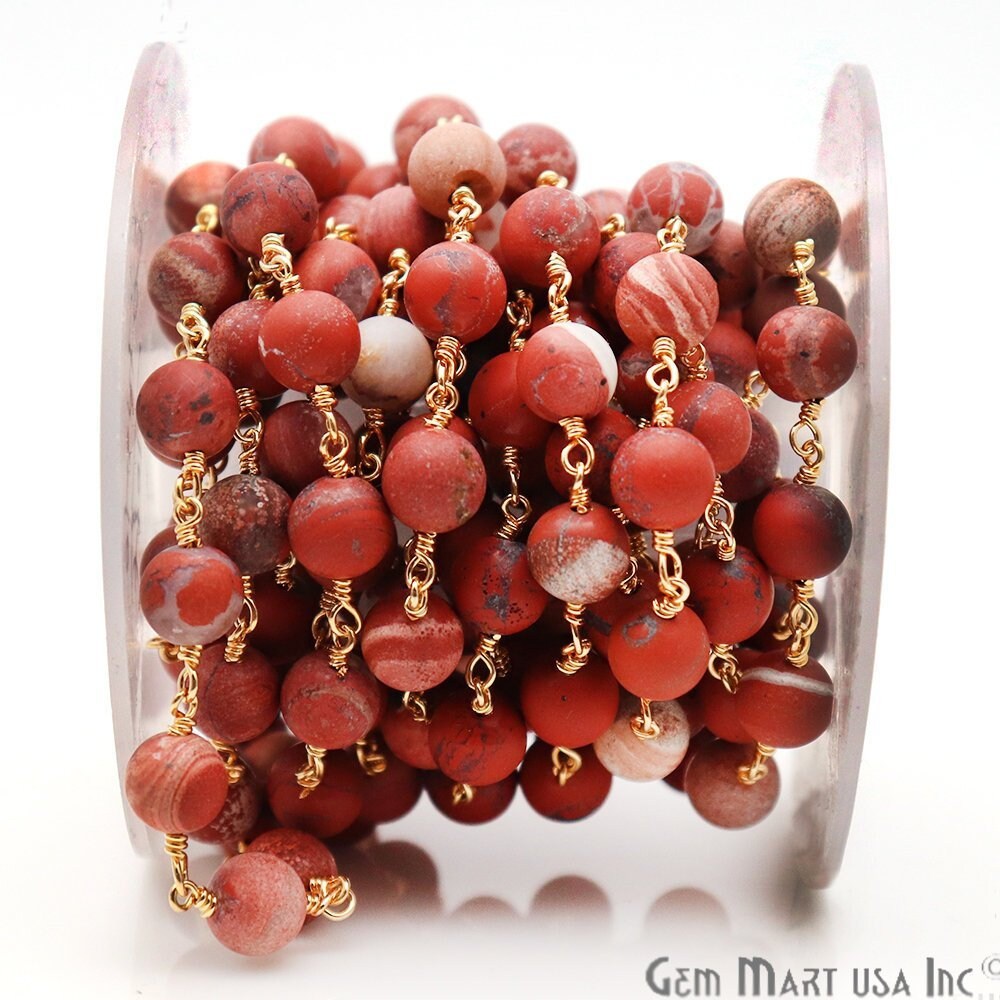 Red Jasper Frosted Gold Plated Wire Wrap Round Bead Jewelry Making Rosary Chain