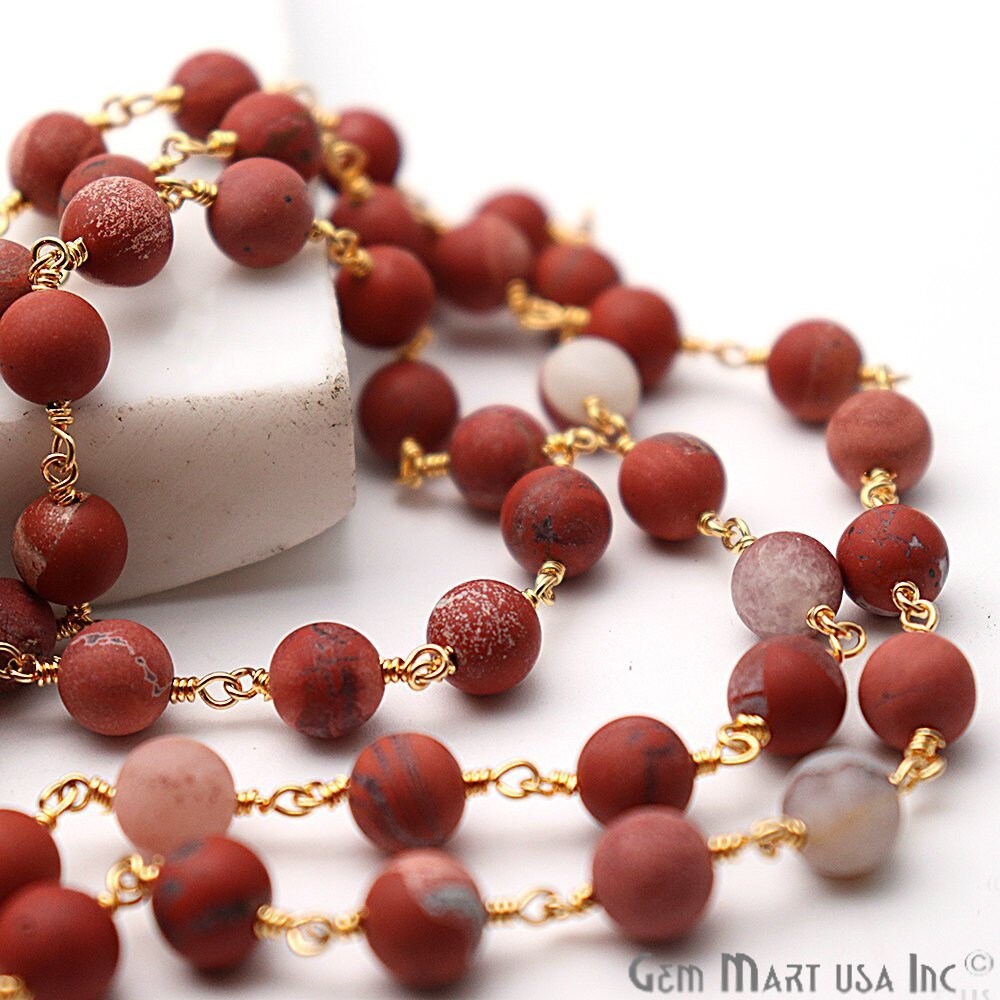 Red Jasper Frosted Gold Plated Wire Wrap Round Bead Jewelry Making Rosary Chain