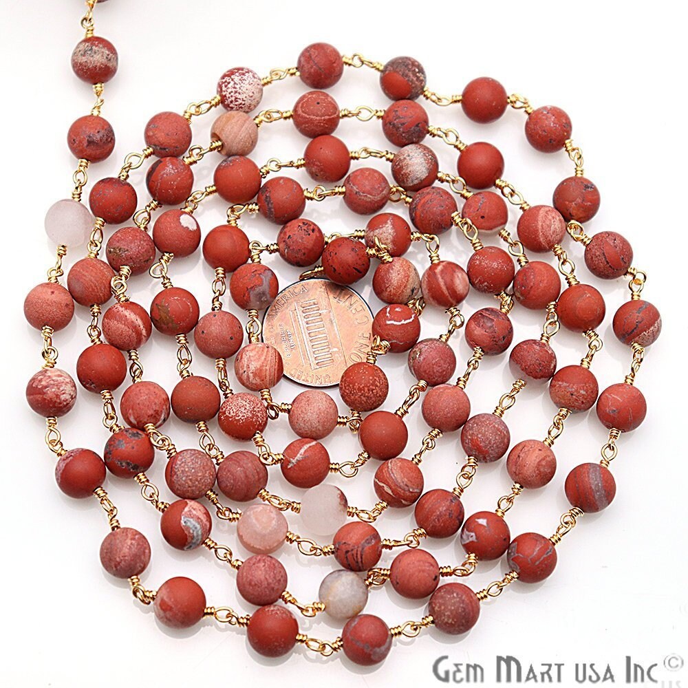 Red Jasper Frosted Gold Plated Wire Wrap Round Bead Jewelry Making Rosary Chain