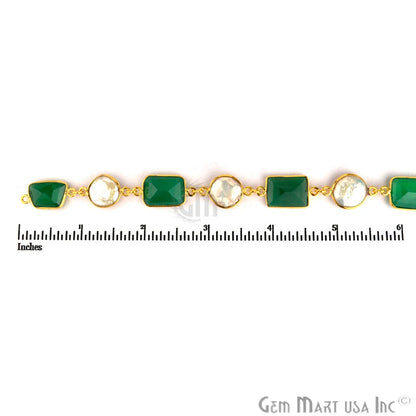 Green Onyx & Pearl 10-15mm Gold Plated Bezeled Continuous Connector Chain