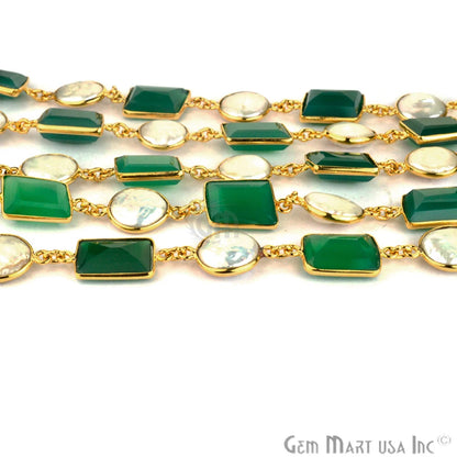 Green Onyx & Pearl 10-15mm Gold Plated Bezeled Continuous Connector Chain