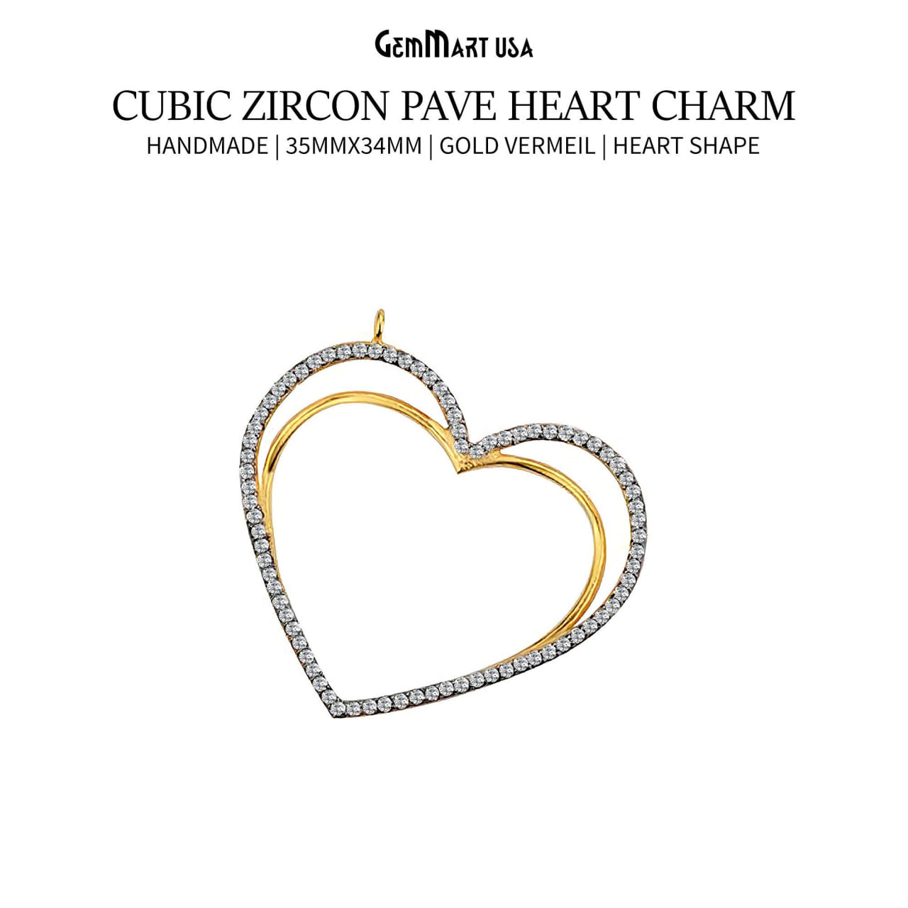 Cubic Zircon Pave 'Heart' Gold Vermeil Charm For Bracelet & Pendants