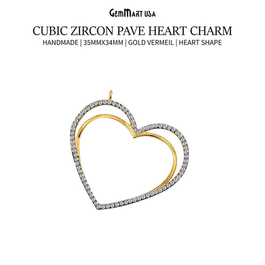 Cubic Zircon Pave 'Heart' Gold Vermeil Charm For Bracelet & Pendants