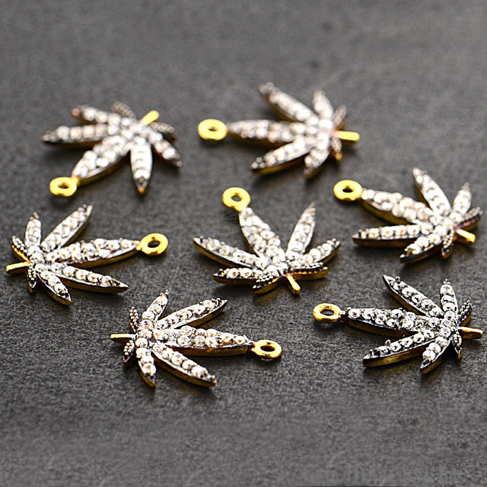 Cubic Zircon Pave 'Marijuana' Gold Vermeil Charm For Bracelet & Pendants