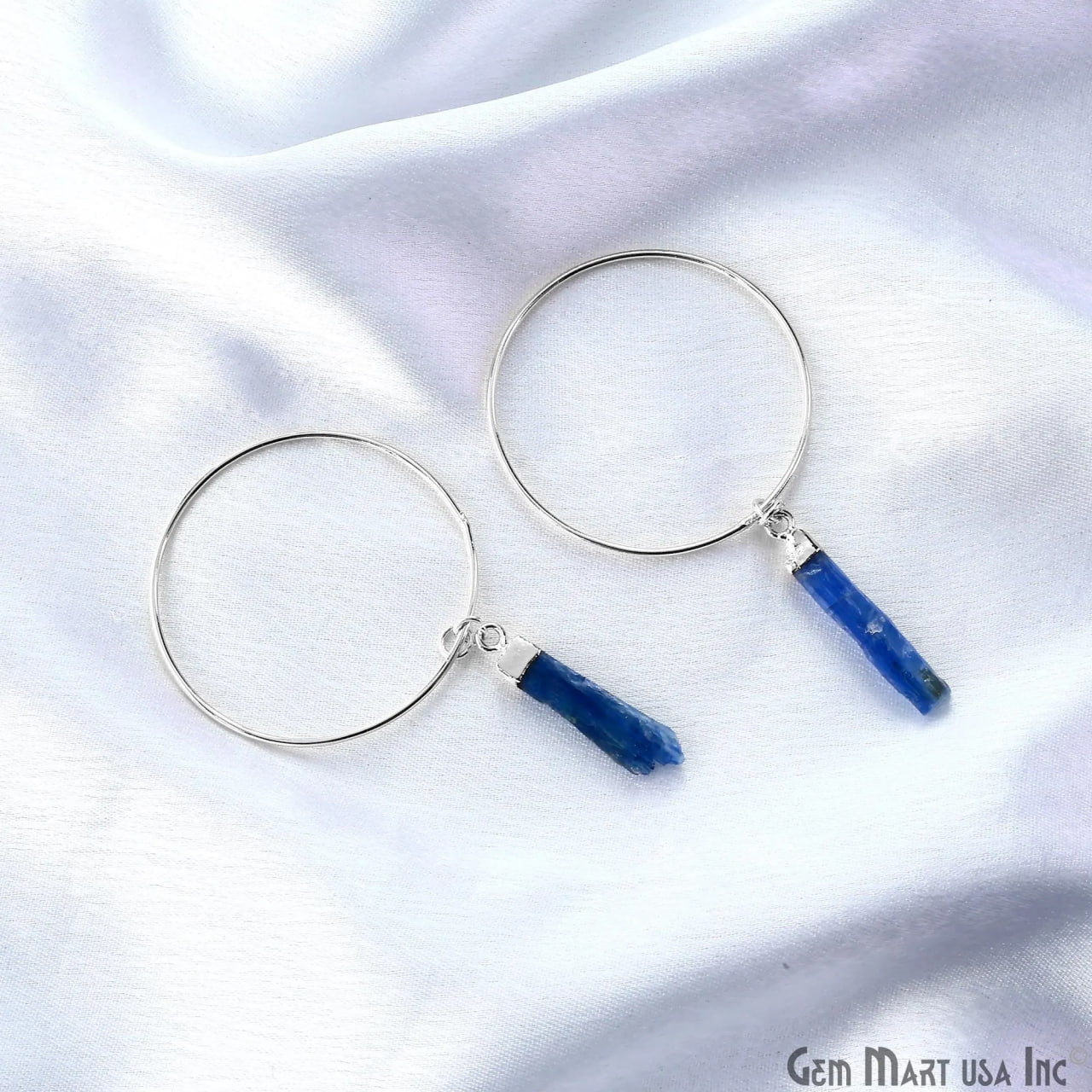 Kyanite Blue Hoop Earrings, 38mm Boho Crystal Dangle Jewelry for Women, Handmade Natural Gemstone Statement Earrings, Rough Stone,