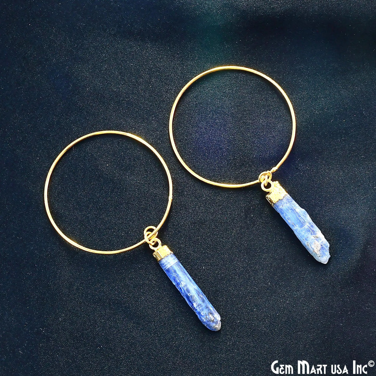 Kyanite Blue Hoop Earrings, 38mm Boho Crystal Dangle Jewelry for Women, Handmade Natural Gemstone Statement Earrings, Rough Stone,