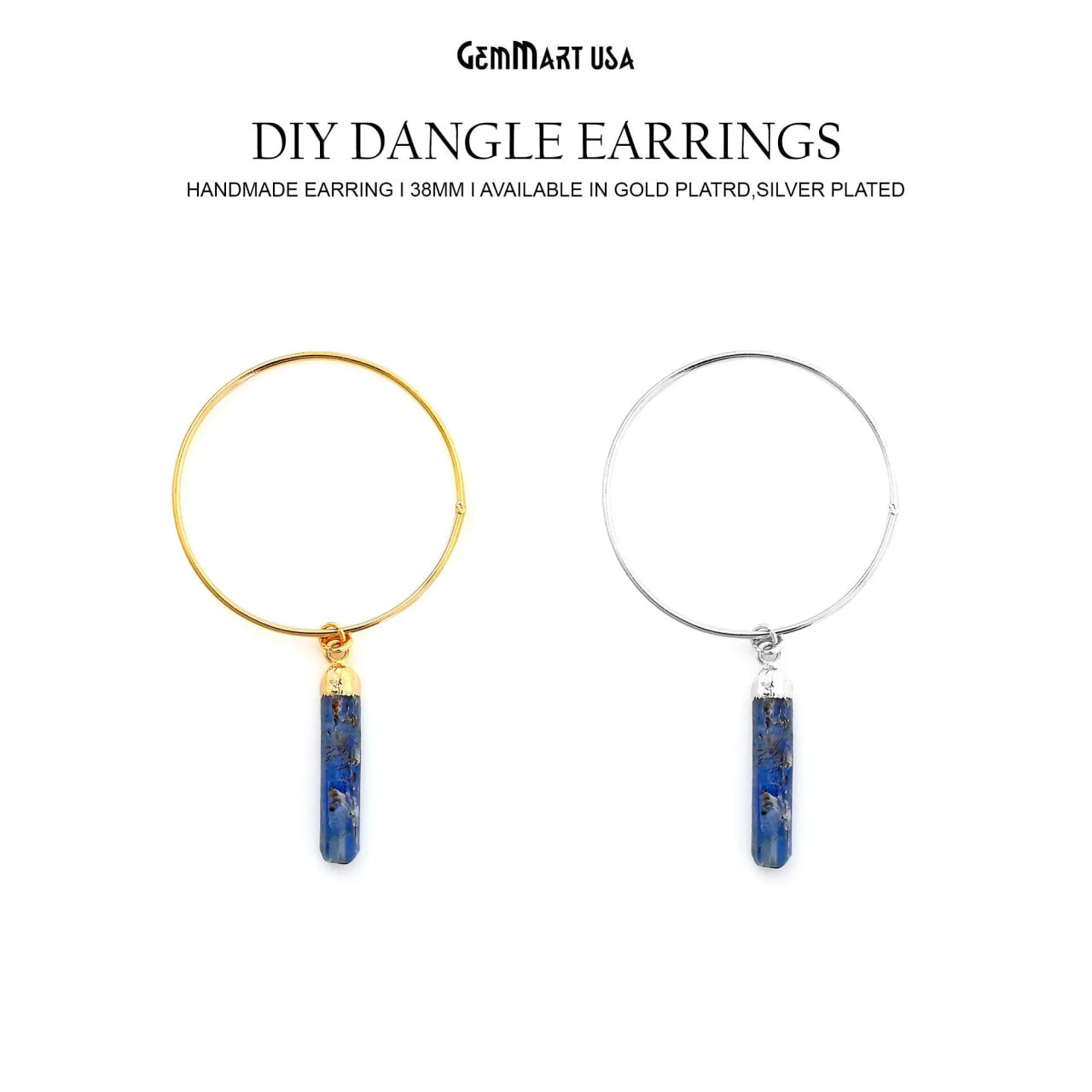 Kyanite Blue Hoop Earrings, 38mm Boho Crystal Dangle Jewelry for Women, Handmade Natural Gemstone Statement Earrings, Rough Stone,