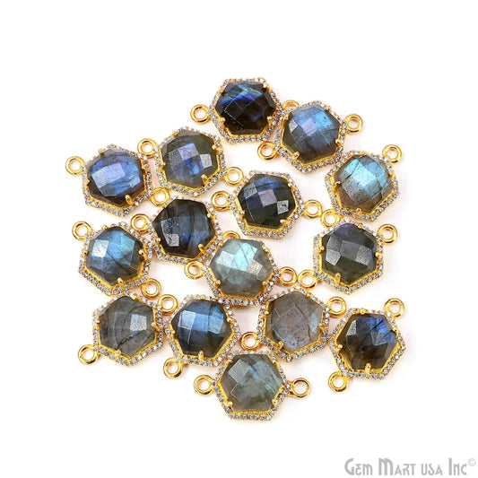Labradorite Hexagon CZ Pave 17x25mm Gold Plated Prong Setting Gemstone Connector