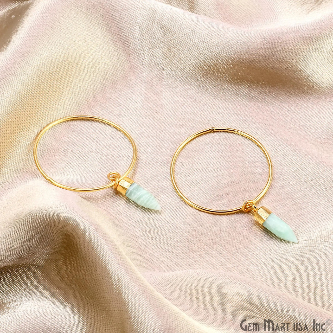 Carved Amazonite Spike Pendant Gold Plated, Mint Green Gemstone Hoops, Dagger Drop Charm for DIY Handmade Jewelry