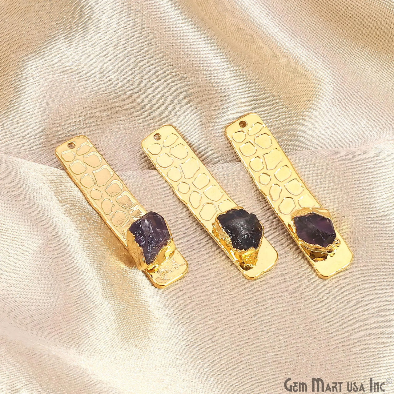 Rough Gemstone Gold Electroplated Rectangle 35x8mm Gemstone Bar Necklace Pendant Connector