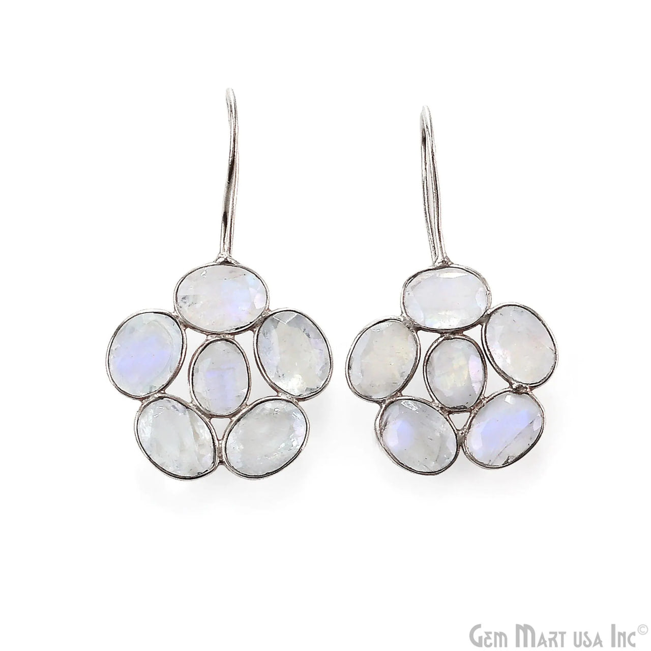 Rainbow Moonstone Drop Earrings 35x21mm Oval Cluster, Sterling Silver Dangle Jewelry