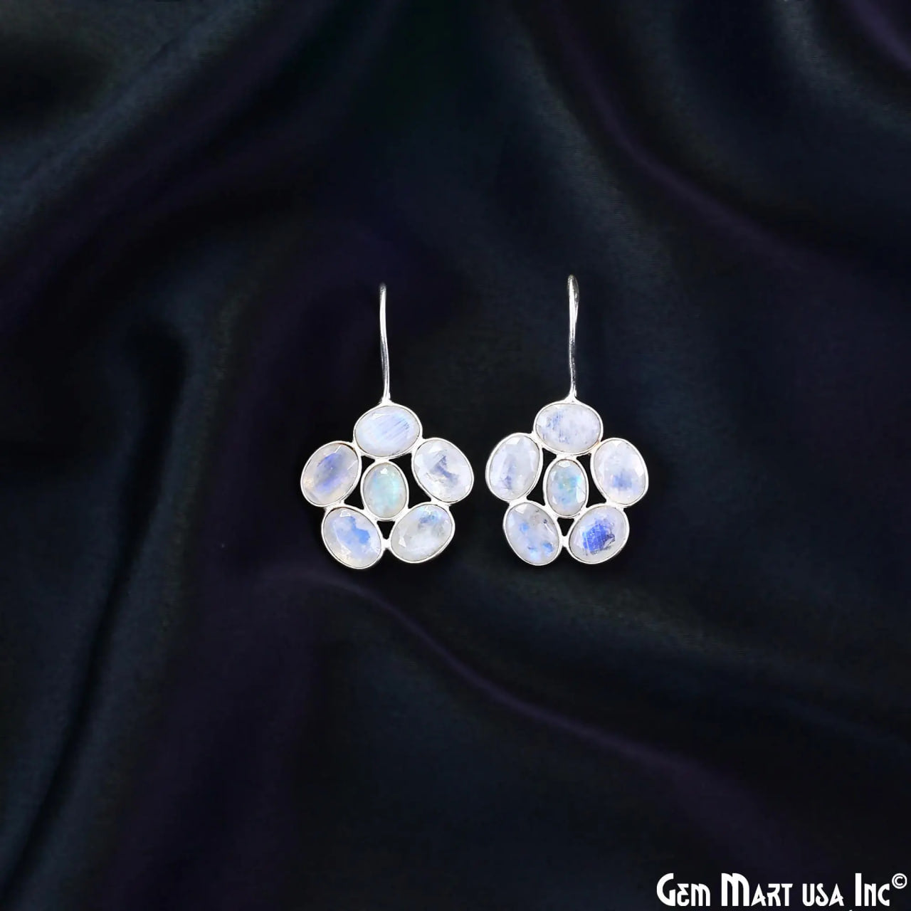 Rainbow Moonstone Drop Earrings 35x21mm Oval Cluster, Sterling Silver Dangle Jewelry