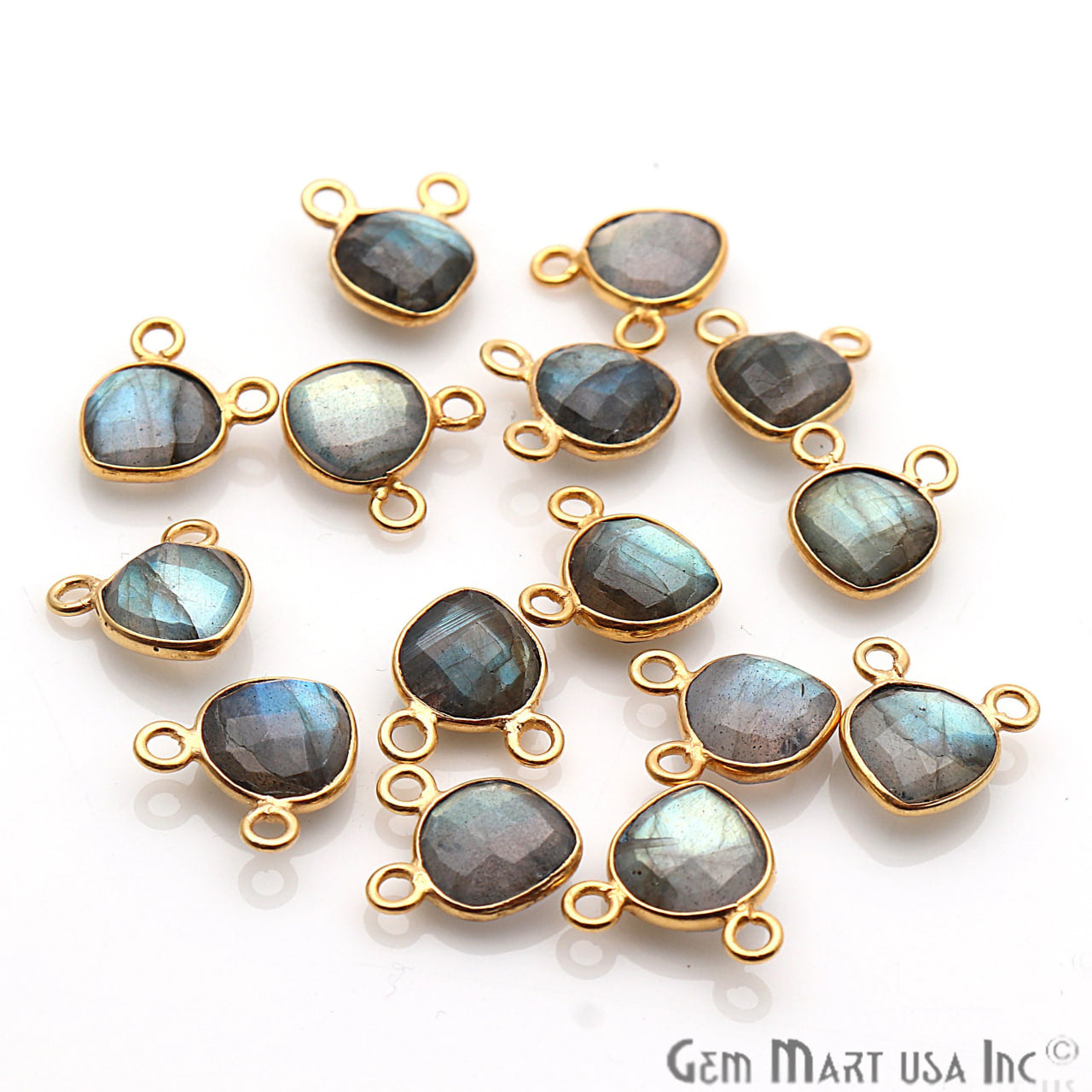 Labradorite 8mm Heart Gold Plated Bezel Cat Bail Gemstone Connector