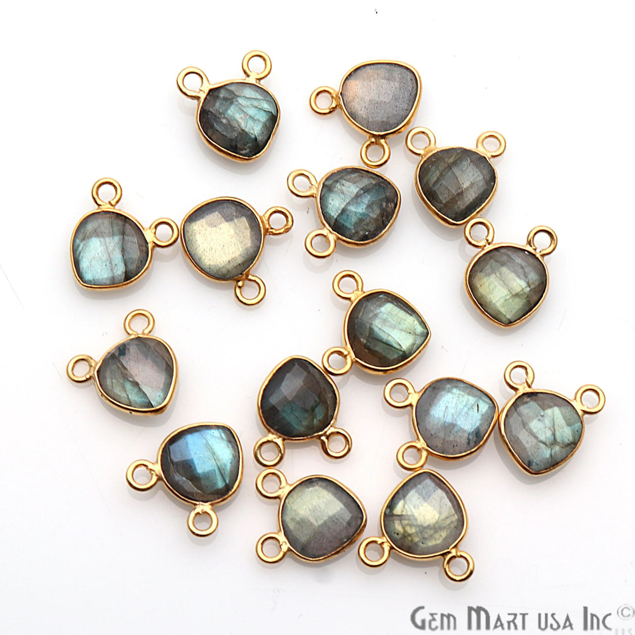 Labradorite 8mm Heart Gold Plated Bezel Cat Bail Gemstone Connector