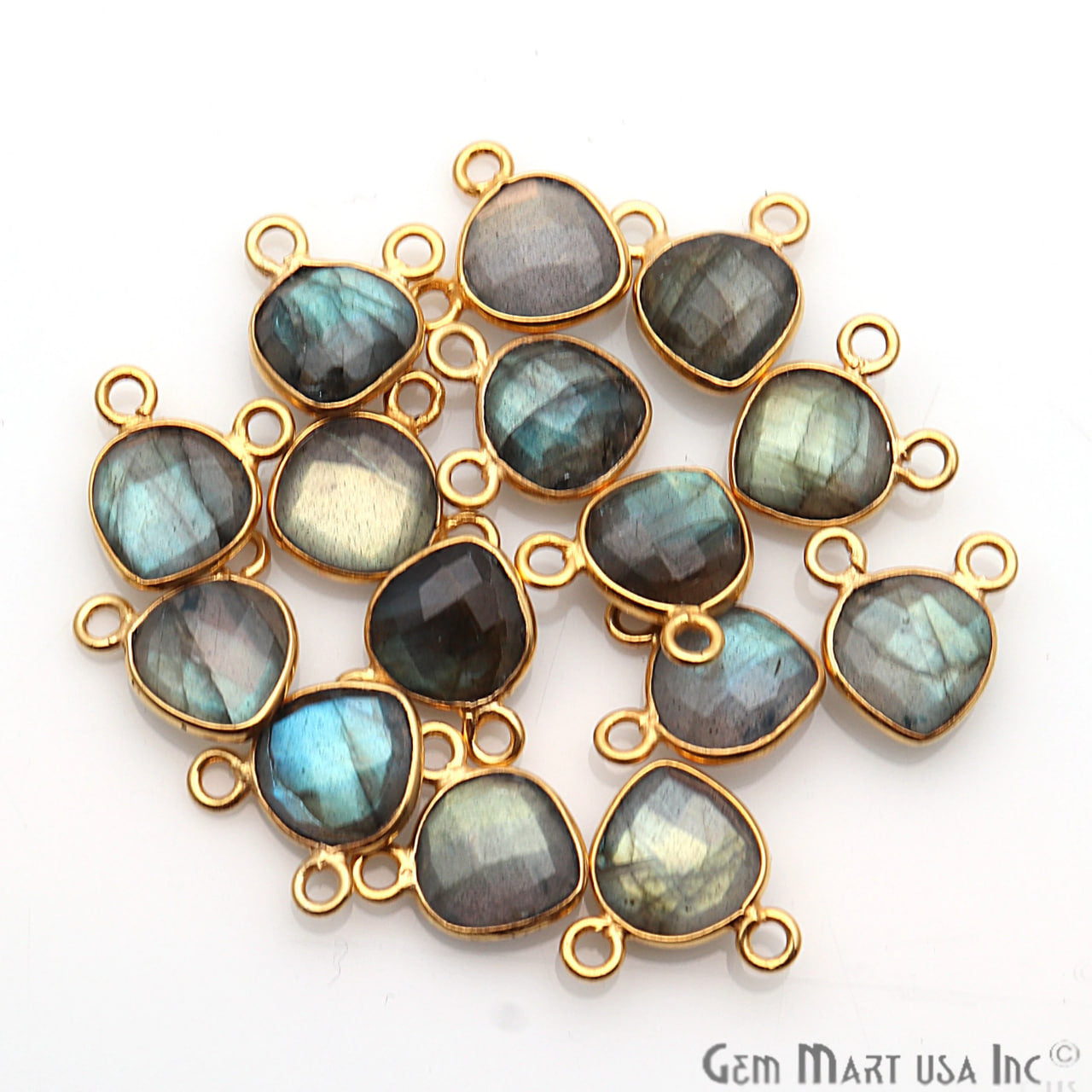 Labradorite 8mm Heart Gold Plated Bezel Cat Bail Gemstone Connector