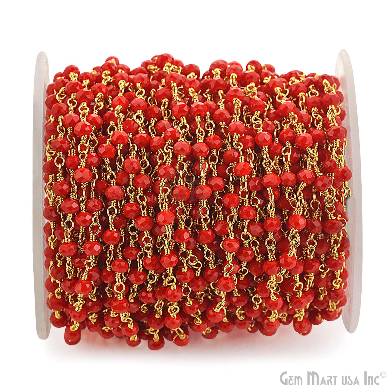 Dark Red Coral 3-3.5mm Faceted Gemstone Beaded Gold Wire Wrapped Rosary Chain