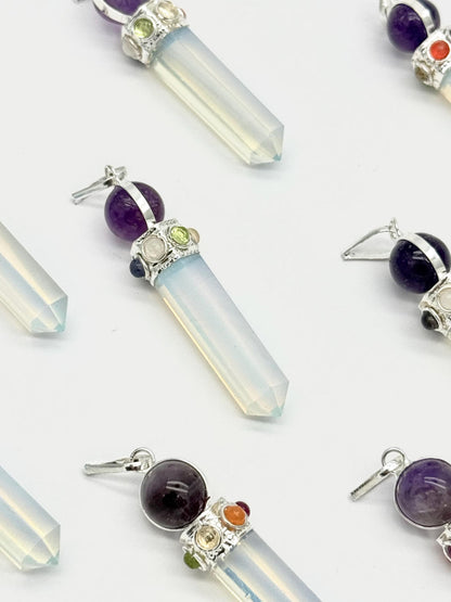 Opalite Point Chakra With Amethyst Silver Plated Gemstones Necklace Pendant