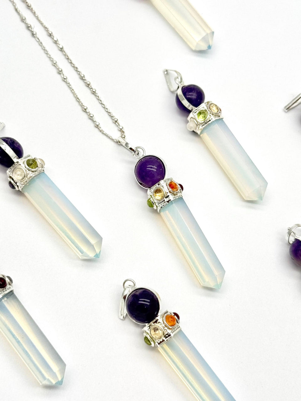 Opalite Point Chakra With Amethyst Silver Plated Gemstones Necklace Pendant