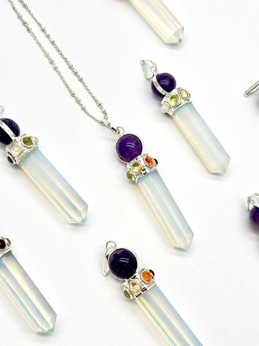 Opalite Point Chakra With Amethyst Silver Plated Gemstones Necklace Pendant