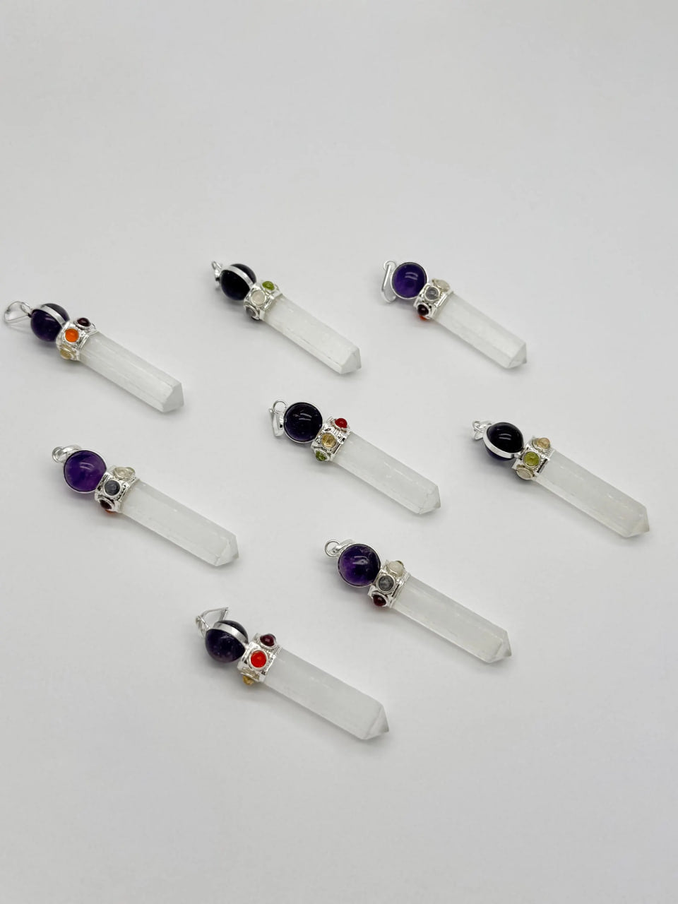 Selenite Point Chakra With Amethyst Silver Plated Gemstones Necklace Pendant