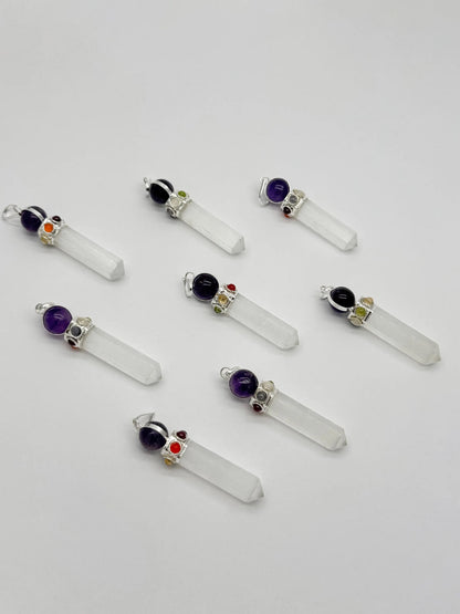 Selenite Point Chakra With Amethyst Silver Plated Gemstones Necklace Pendant