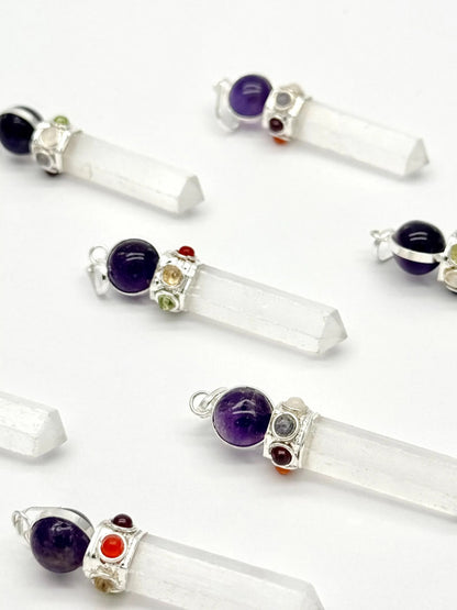 Selenite Point Chakra With Amethyst Silver Plated Gemstones Necklace Pendant