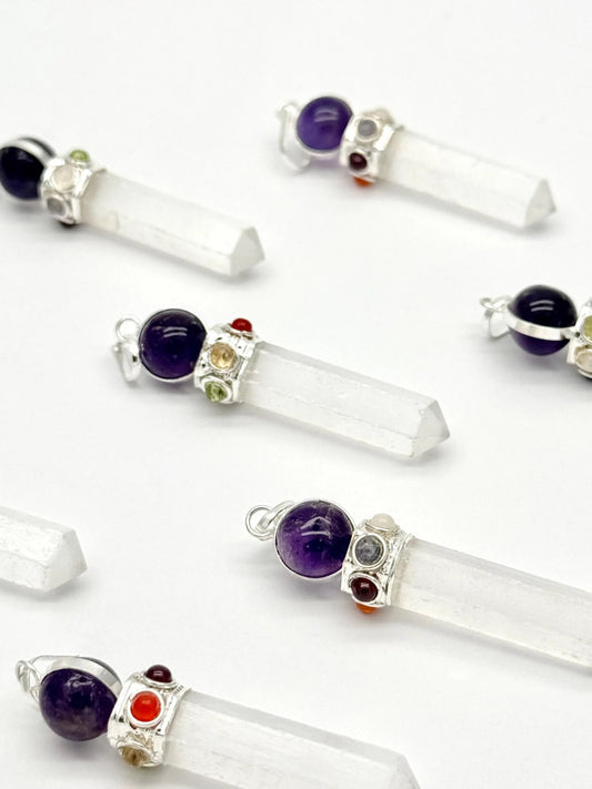 Selenite Point Chakra With Amethyst Silver Plated Gemstones Necklace Pendant