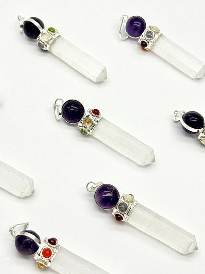 Selenite Point Chakra With Amethyst Silver Plated Gemstones Necklace Pendant