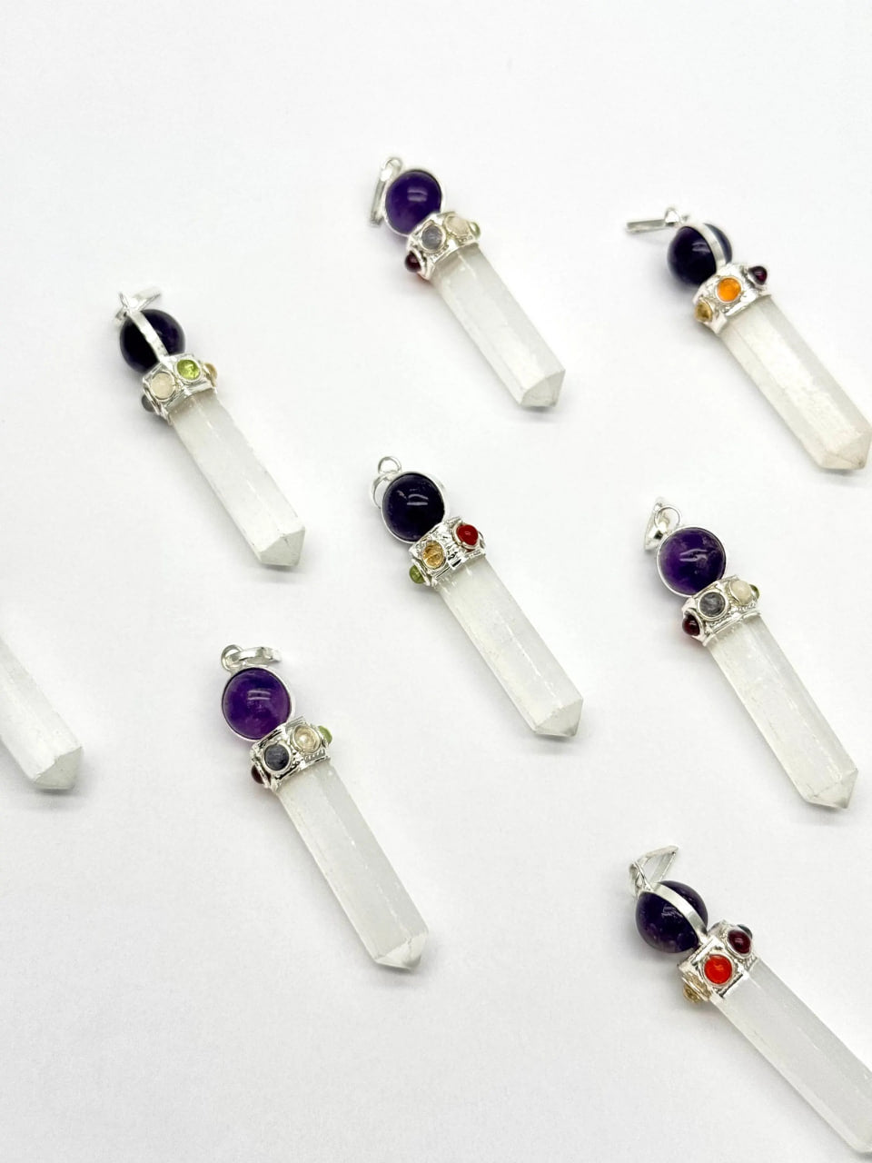 Selenite Point Chakra With Amethyst Silver Plated Gemstones Necklace Pendant