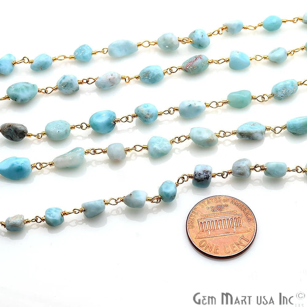 Amazonite 6x4mm Organic Shape Gold Wire Wrapped Rosary Chain