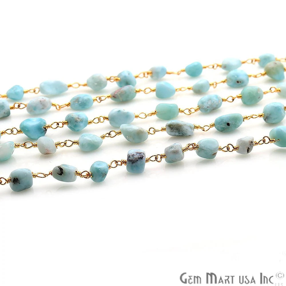 Amazonite 6x4mm Organic Shape Gold Wire Wrapped Rosary Chain