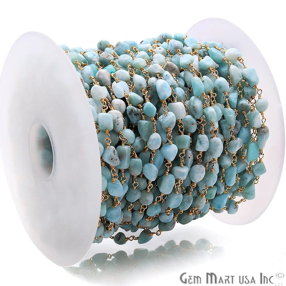 Amazonite 6x4mm Organic Shape Gold Wire Wrapped Rosary Chain