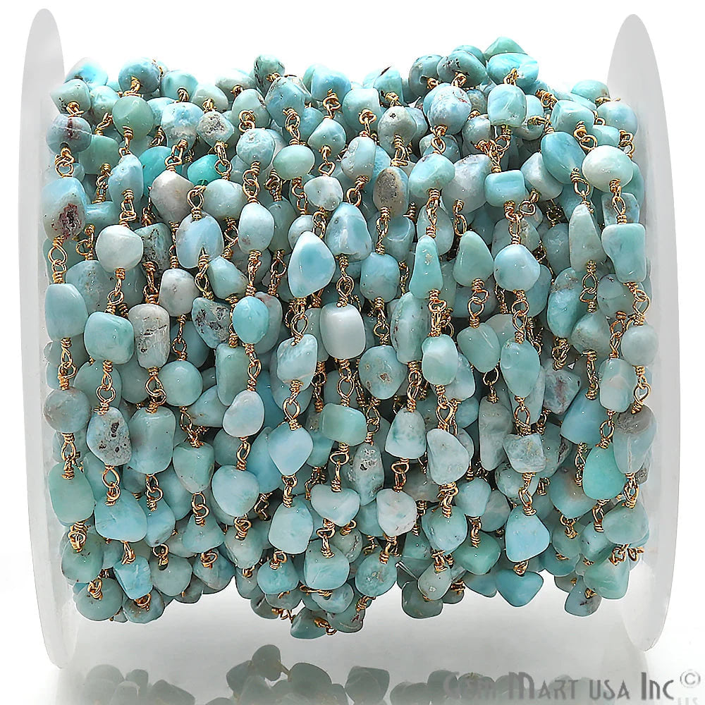 Amazonite 6x4mm Organic Shape Gold Wire Wrapped Rosary Chain