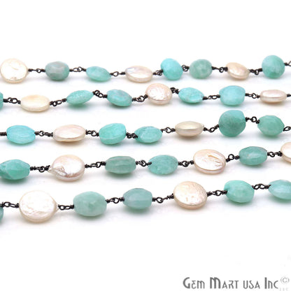 Amazonite & Freshwater Pearl Round Rough Beads Black Plated Rosary Chain