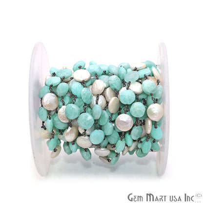 Amazonite & Freshwater Pearl Round Rough Beads Black Plated Rosary Chain