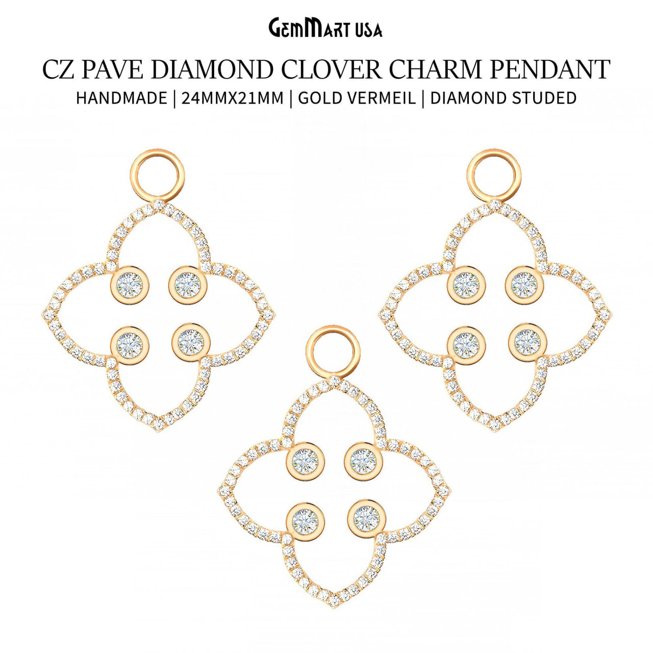 Cubic Zircon Pave 'Clover' Gold Vermeil Charm For Bracelet & Pendants