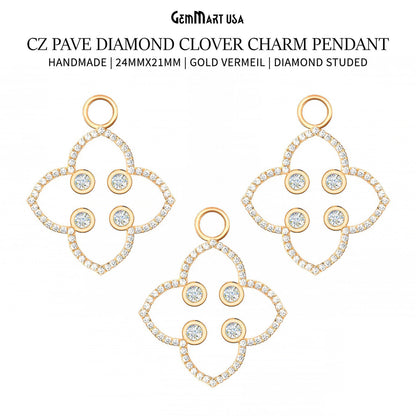 Cubic Zircon Pave 'Clover' Gold Vermeil Charm For Bracelet & Pendants