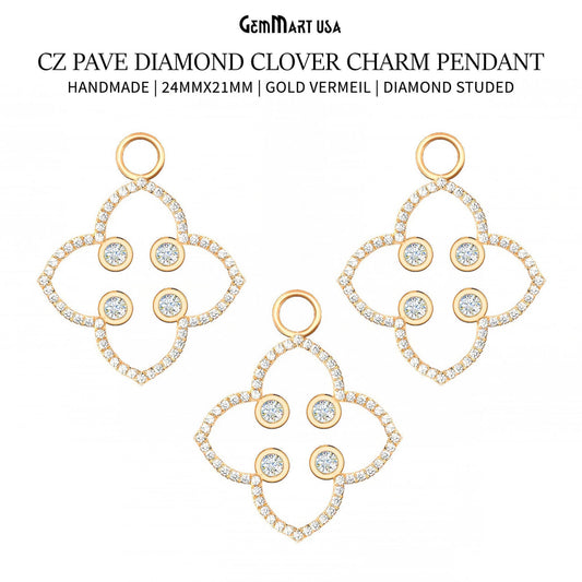Cubic Zircon Pave 'Clover' Gold Vermeil Charm For Bracelet & Pendants