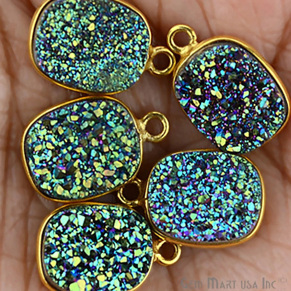 Green Titanium Druzy Octagon 9x11mm Single Bail Gold Bezel Druzy Gemstone Connector