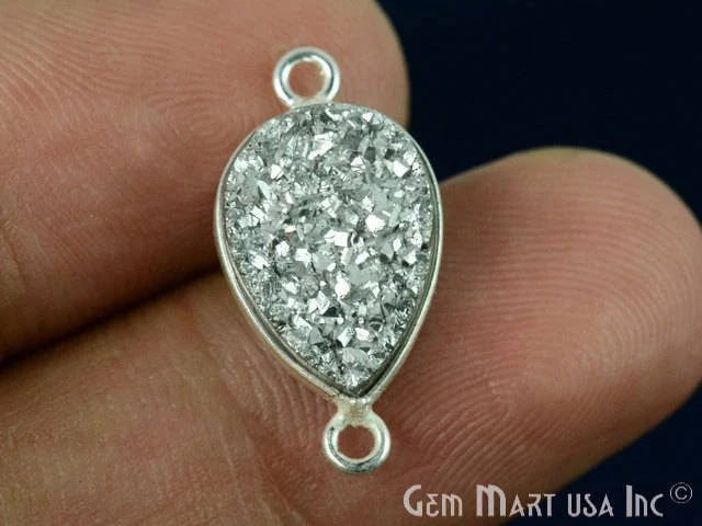 Silver Druzy 10x14mm Pears Silver Plated Double Bail Gemstone Connector