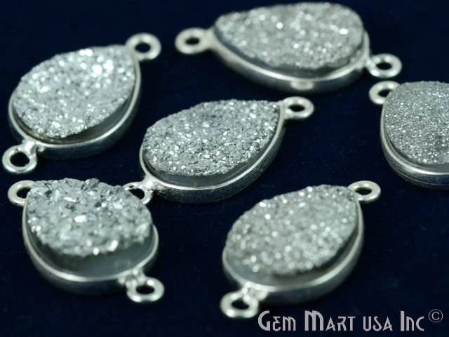 Silver Druzy 10x14mm Pears Silver Plated Double Bail Gemstone Connector
