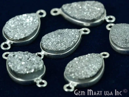 Silver Druzy 10x14mm Pears Silver Plated Double Bail Gemstone Connector