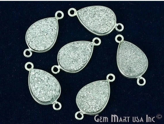 Silver Druzy 10x14mm Pears Silver Plated Double Bail Gemstone Connector